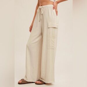 NWT Hem & Thread Linen Cargo Fringe Hem Pant Boutique Cream, Women’s Large